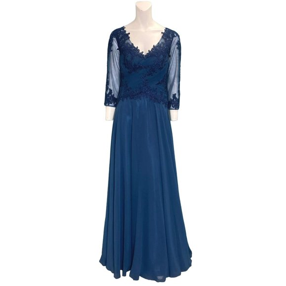 Marsoni By Colors Sheer Sleeve Embroidered Lace Bodice Gown Blue Size 6 NWT - Picture 2 of 6